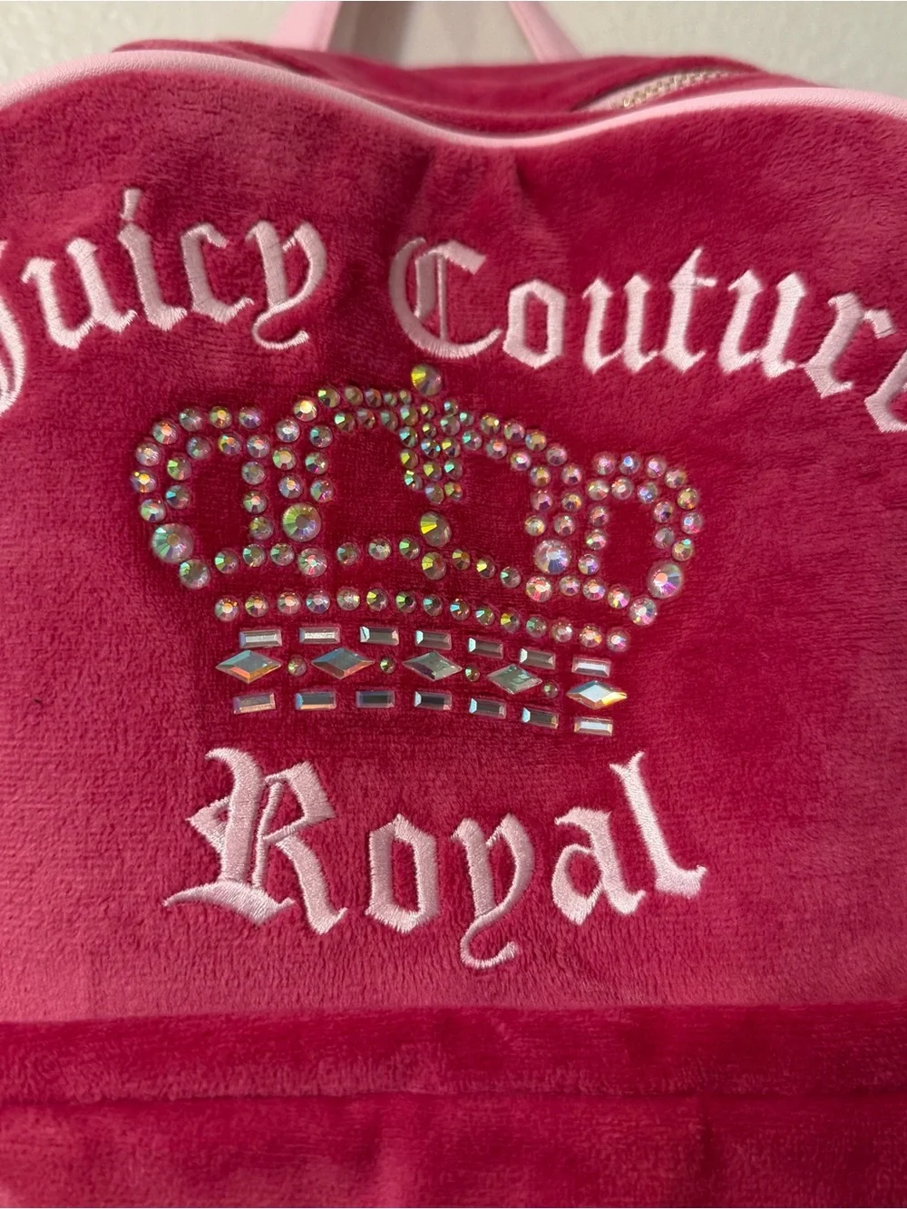 Juicy Couture Royal Pink Velour Backpack Rhinestone Crown Heart Charm Y2K